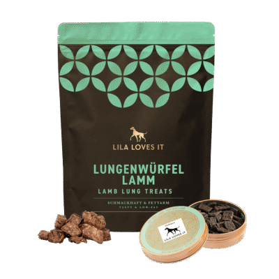 Produktbild des Lamm-Genuss Bundles von LILA LOVES IT mit Lamm Lungenwürfel im Beutel und Lamm Soft Leckerlis in einer Metalldose