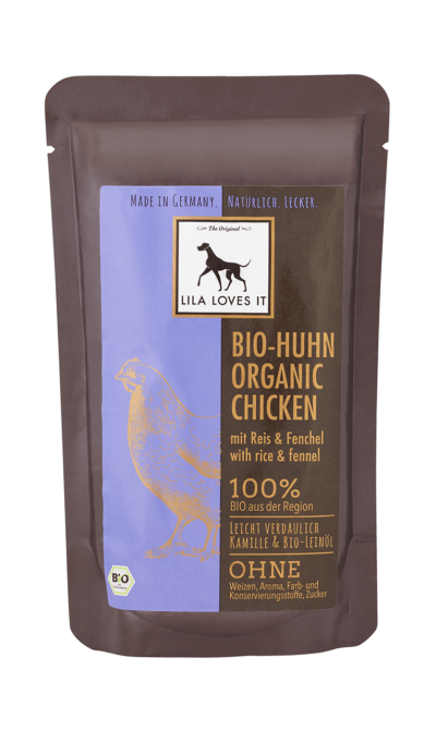 Natürliche Schonkost für Hunde mit Bio Huhn und Reis im Pouch