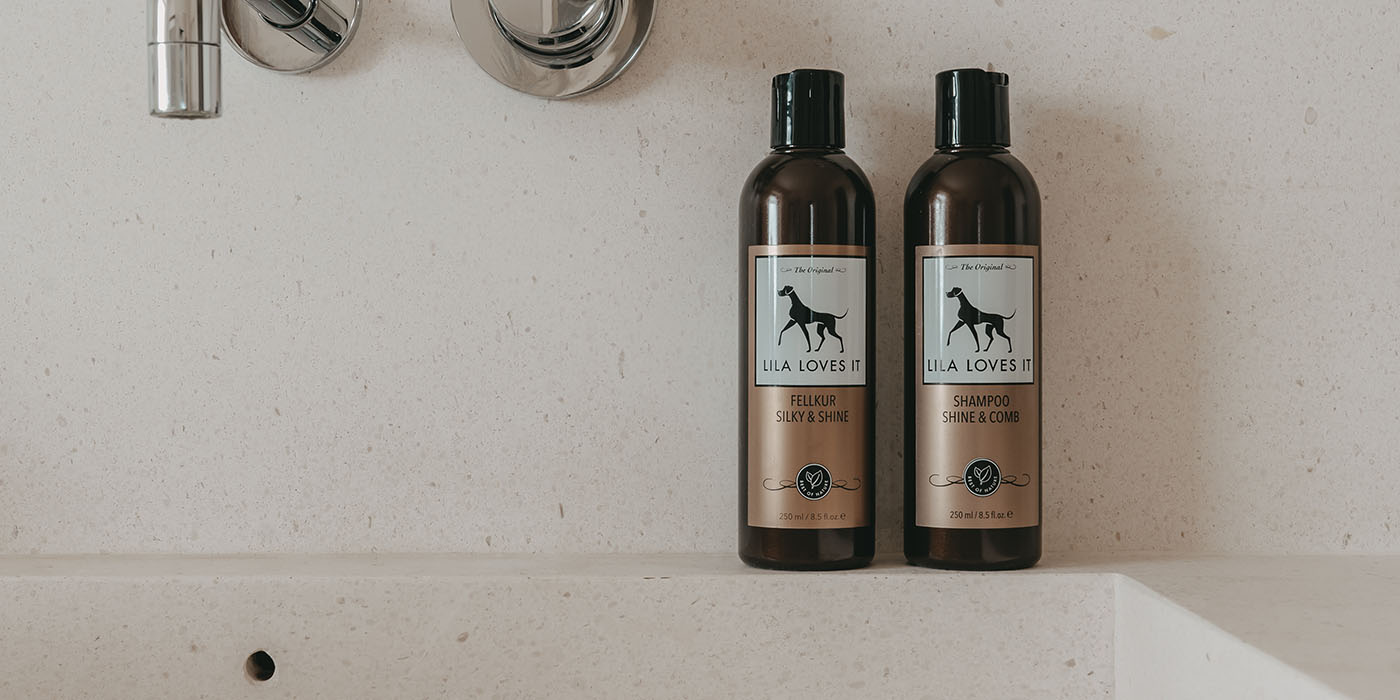 Fellkur und Shampoo für Hunde auf Waschbecken in Badezimmer