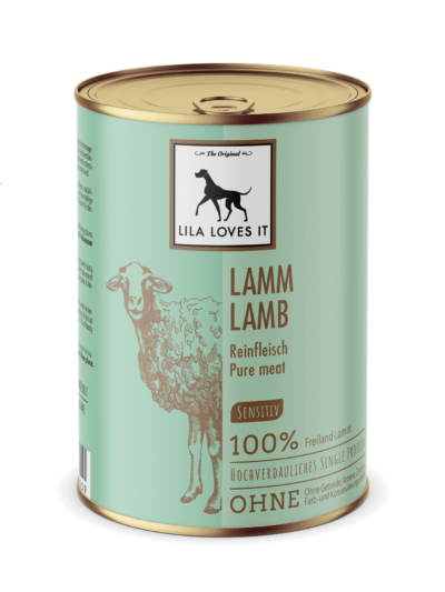 Grüne Metall-Dose in elegantem Design für Hundefutter aus Lammfleisch für BARF | LILA LOVES IT "Reinfleisch Lamm"