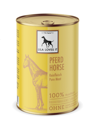 Gelbe Metall-Dose in elegantem Design für Hundefutter aus Pferdefleisch für Allergiker | LILA LOVES IT "Reinfleisch Pferd"